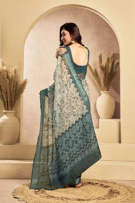 Teal & off white linen floral motifs printed ready to wear saree 4