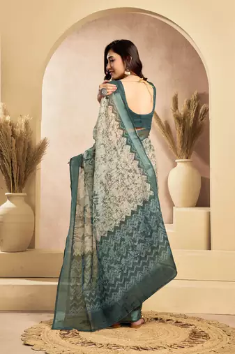 Teal & off white linen floral motifs printed ready to wear saree