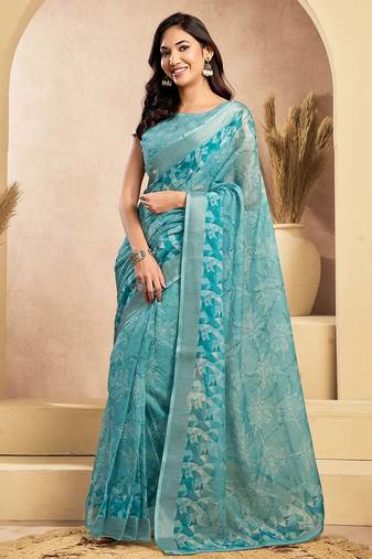 Light blue linen floral motifs printed ready to wear saree