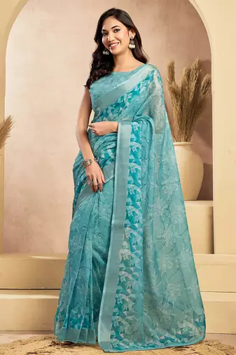Light blue linen floral motifs printed ready to wear saree