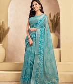 Light blue linen floral motifs printed ready to wear saree