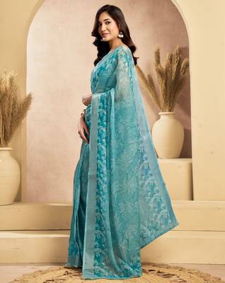 Light blue linen floral motifs printed ready to wear saree 2