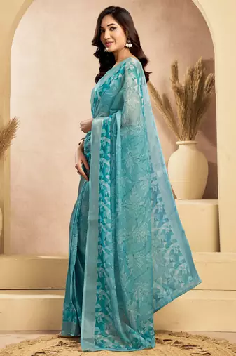 Light blue linen floral motifs printed ready to wear saree