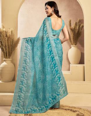 Light blue linen floral motifs printed ready to wear saree 3