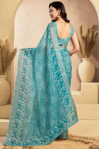 Light blue linen floral motifs printed ready to wear saree
