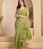 Light green linen mini checks printed ready to wear saree
