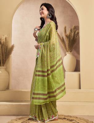 Light green linen mini checks printed ready to wear saree 2