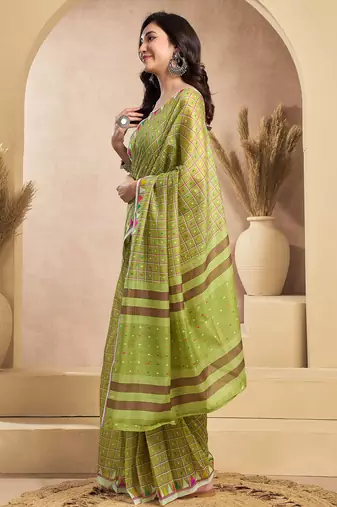 Light green linen mini checks printed ready to wear saree