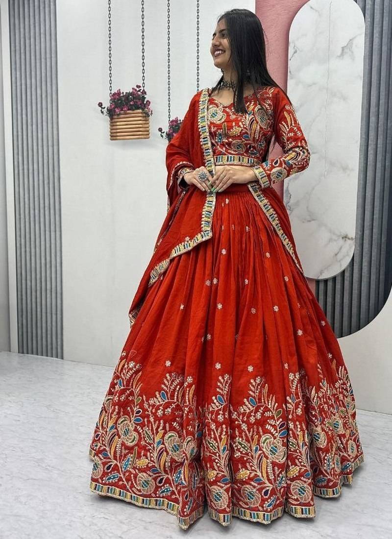 orange art_silk embroidered lehenga choli with dupatta