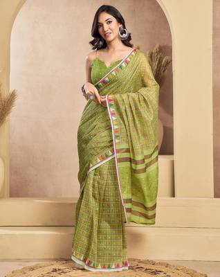 Light green linen mini checks printed ready to wear saree 3