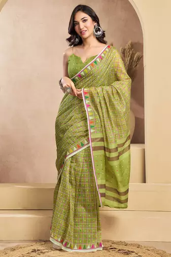 Light green linen mini checks printed ready to wear saree