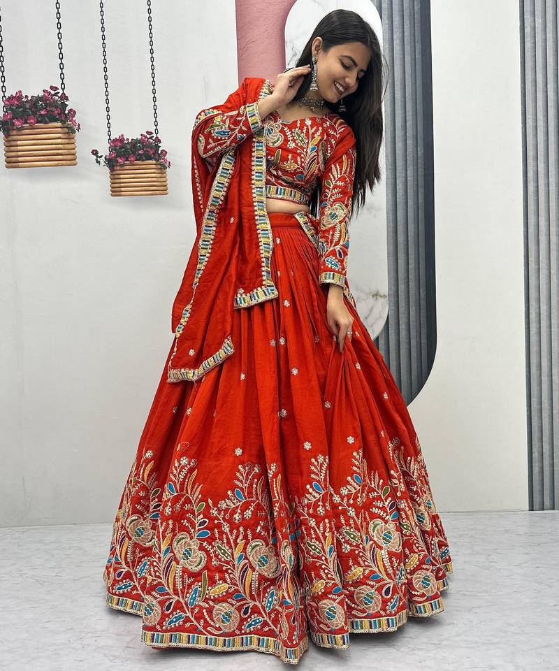 orange art_silk embroidered lehenga choli with dupatta