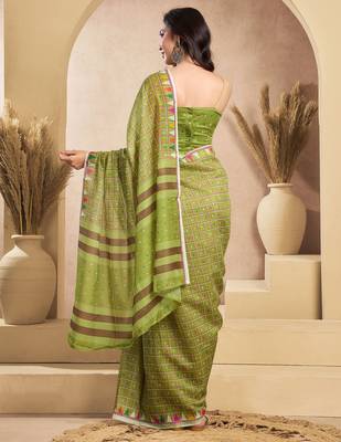 Light green linen mini checks printed ready to wear saree 4