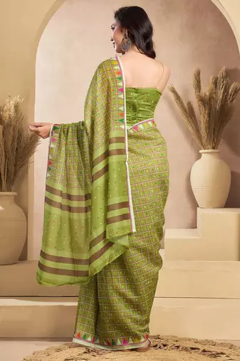 Light green linen mini checks printed ready to wear saree