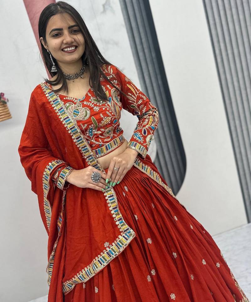 orange art_silk embroidered lehenga choli with dupatta