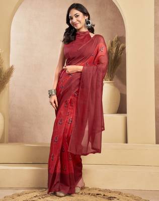 Maroon linen paisley printed ready to wear saree 1