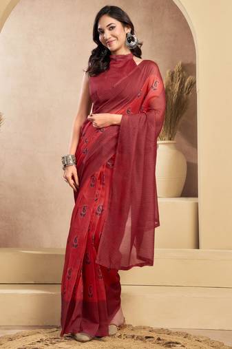 Maroon linen paisley printed ready to wear saree