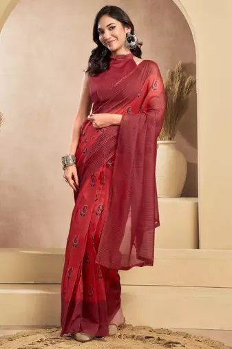Maroon linen paisley printed ready to wear saree