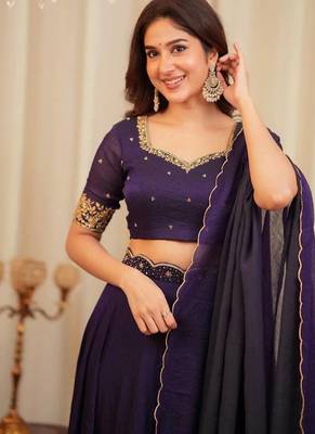 purple georgette plain lehenga choli with dupatta 2