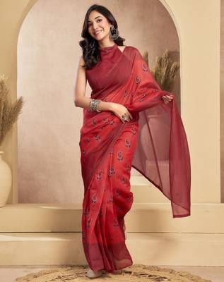 Maroon linen paisley printed ready to wear saree 3