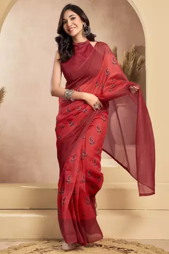 Maroon linen paisley printed ready to wear saree
