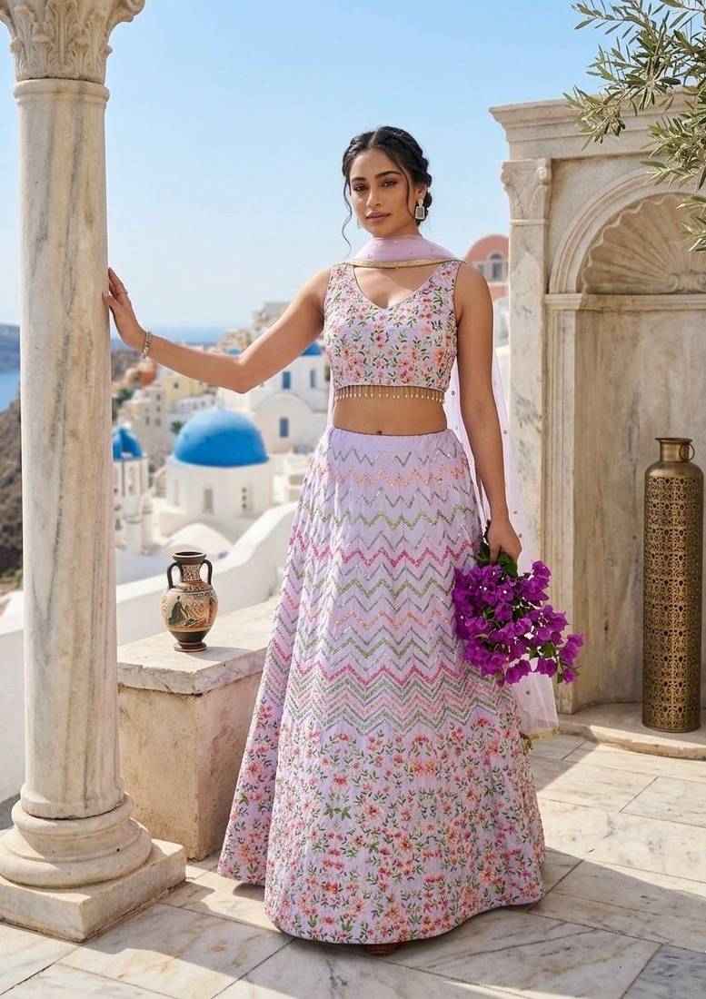 light-lavender satin embroidered lehenga choli with dupatta