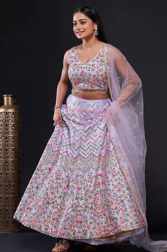 light-lavender satin embroidered lehenga choli with dupatta