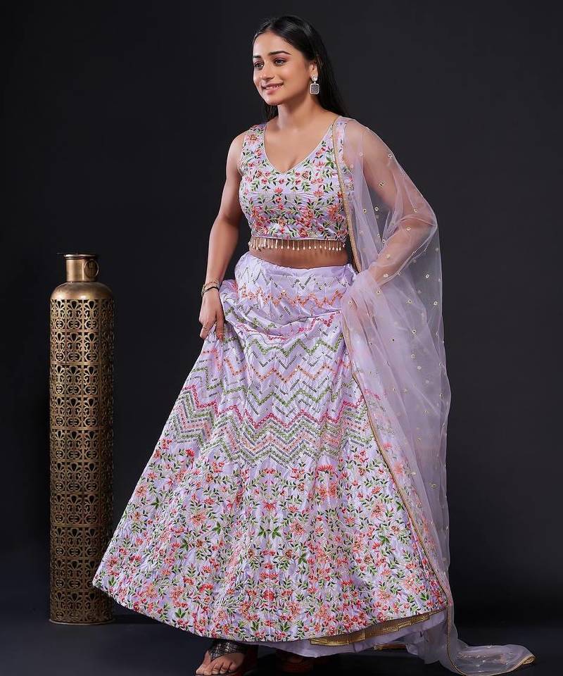 light-lavender satin embroidered lehenga choli with dupatta