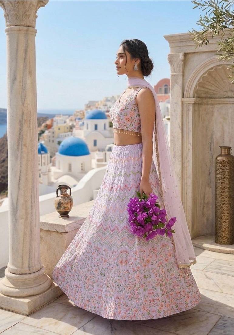 light-lavender satin embroidered lehenga choli with dupatta