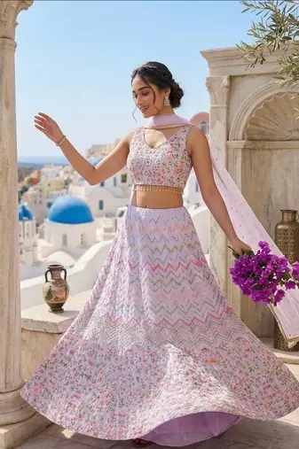 light-lavender satin embroidered lehenga choli with dupatta