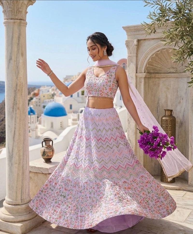 light-lavender satin embroidered lehenga choli with dupatta
