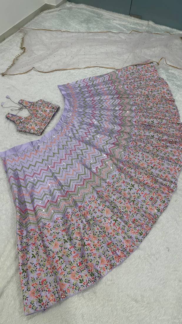 light-lavender satin embroidered lehenga choli with dupatta