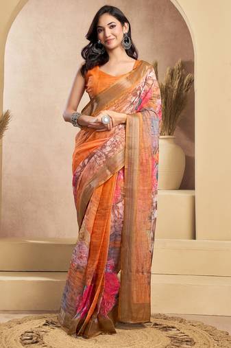 Orange linen floral motifs printed ready to wear saree