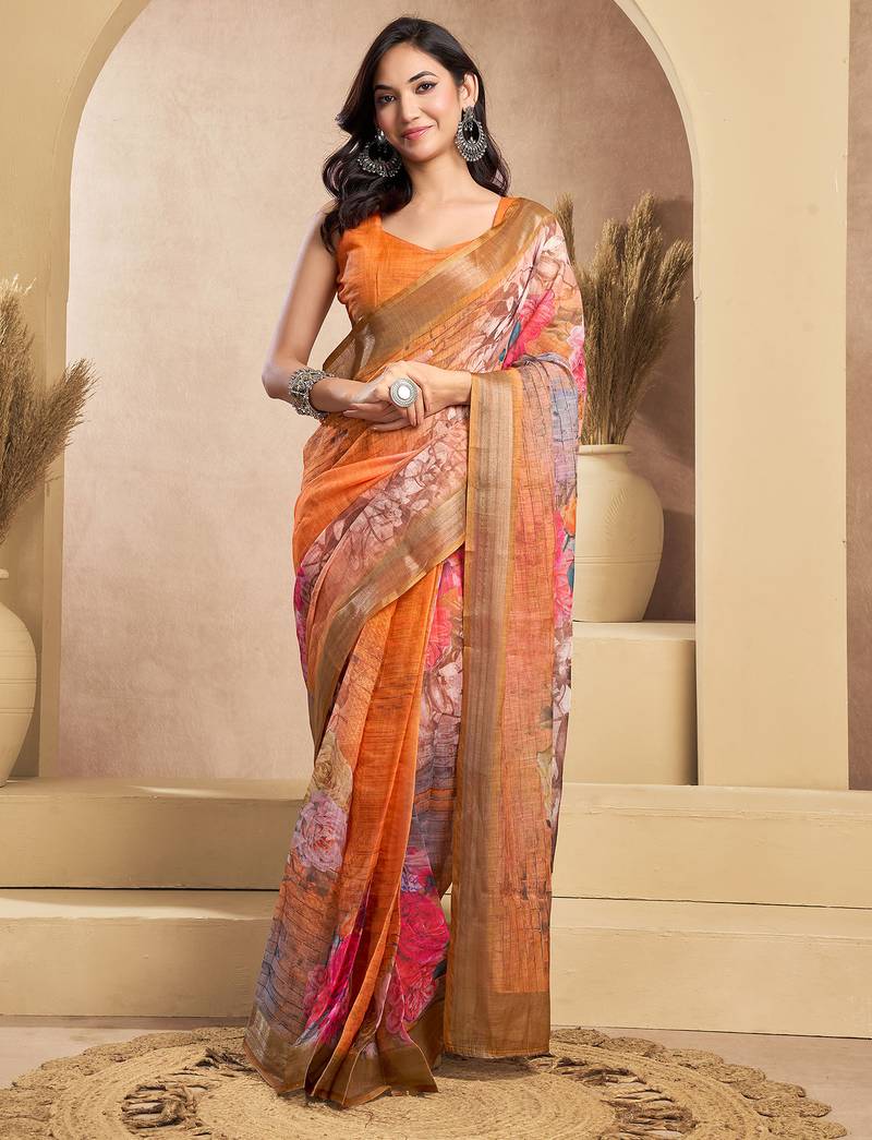 Orange linen floral motifs printed ready to wear saree