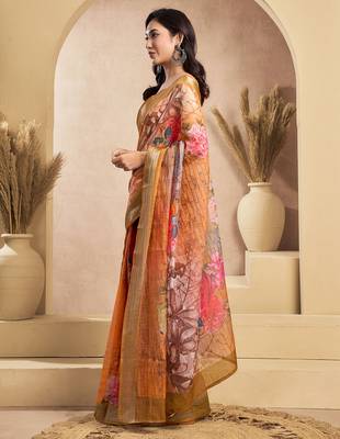 Orange linen floral motifs printed ready to wear saree 2