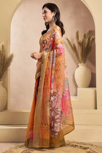 Orange linen floral motifs printed ready to wear saree