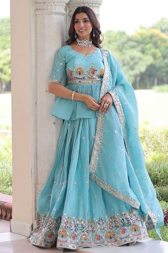 sky-blue satin embroidered lehenga choli with dupatta