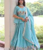 sky-blue satin embroidered lehenga choli with dupatta