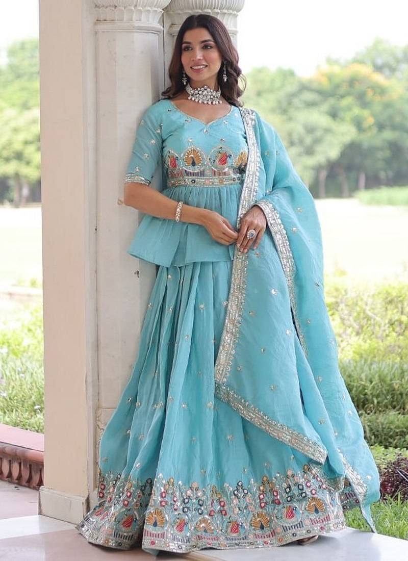 sky-blue satin embroidered lehenga choli with dupatta