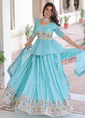 sky-blue satin embroidered lehenga choli with dupatta 2