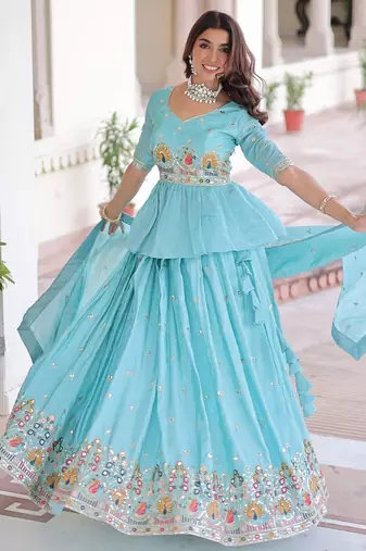 sky-blue satin embroidered lehenga choli with dupatta