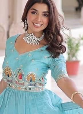 sky-blue satin embroidered lehenga choli with dupatta 3