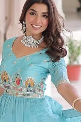 sky-blue satin embroidered lehenga choli with dupatta