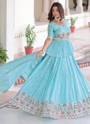 sky-blue satin embroidered lehenga choli with dupatta 4