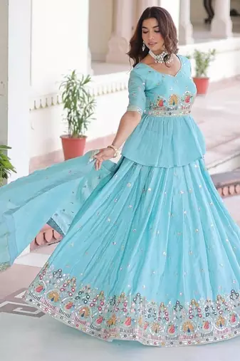 sky-blue satin embroidered lehenga choli with dupatta