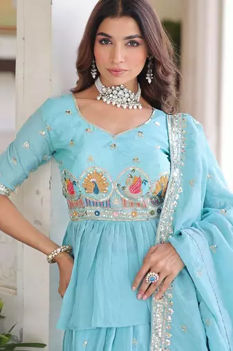 sky-blue satin embroidered lehenga choli with dupatta