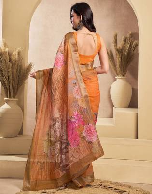 Orange linen floral motifs printed ready to wear saree 4