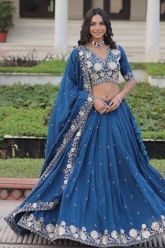 royal-blue art_silk embroidered lehenga choli with dupatta