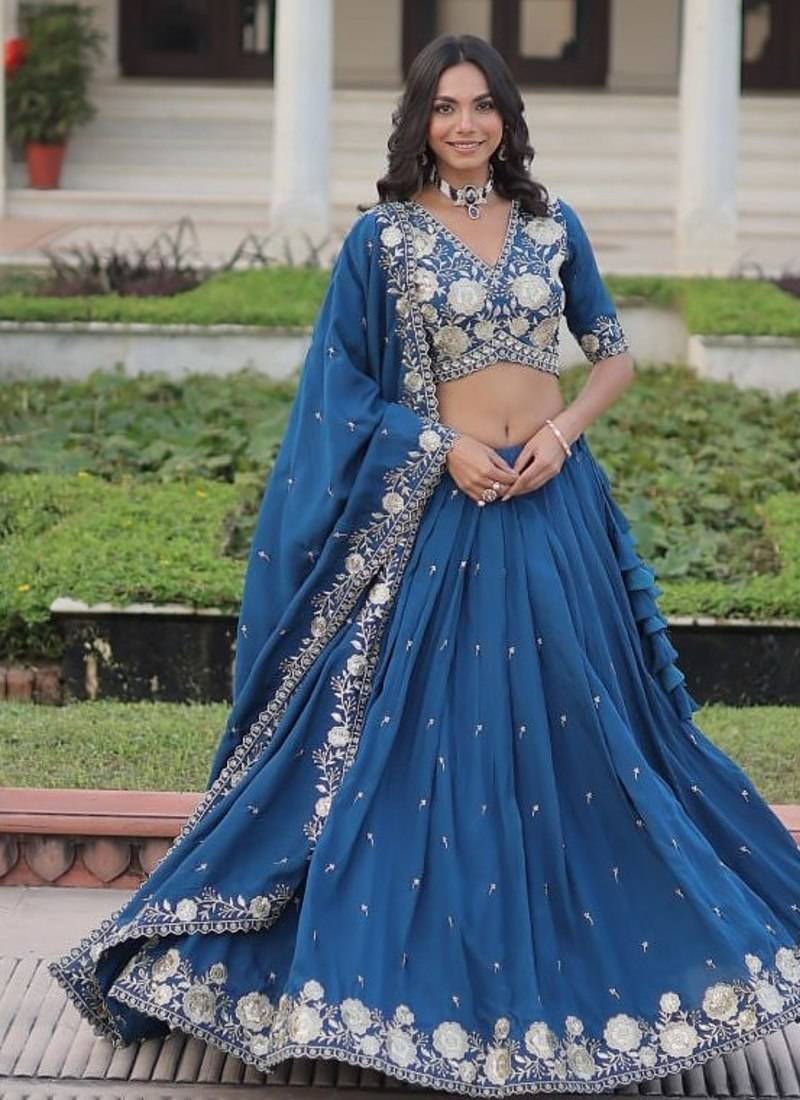 royal-blue art_silk embroidered lehenga choli with dupatta