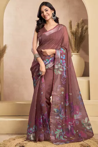 Brown linen floral motifs printed ready to wear saree